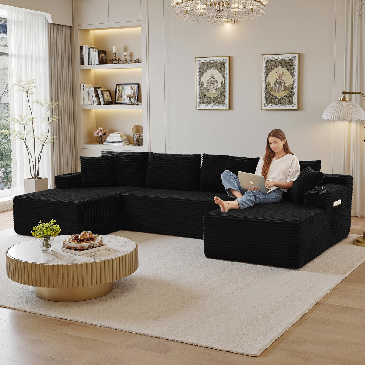 133" Oversized Couches for Living Room Modern Sectional Couch for Living Room Corduroy Boneless Couchs Comfy Cloud Couch Flexible Modular Sectional Sofa (Black, with Cup Holder) KOPSEE