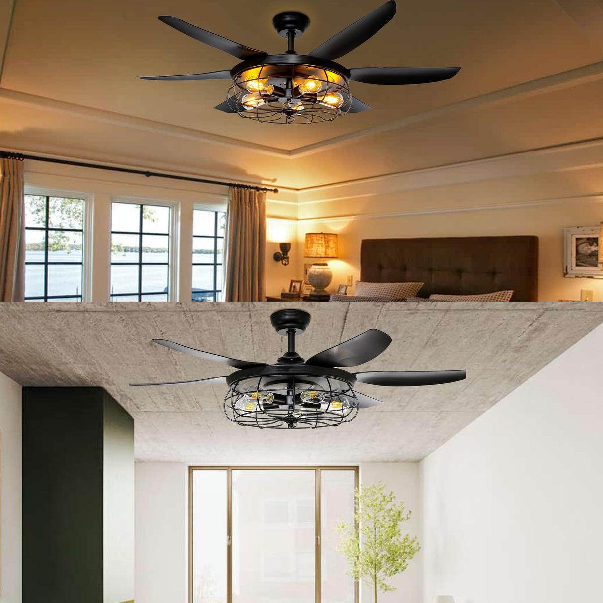 Ohniyou Ceiling Fans with Lights and Remote - 52 Inch Farmhouse Ceiling Fan with Caged Light Fixture - Black Industrial Outdoor Ceiling Fan Lights for Patio, Living Room, Kitchen & Bedroom Ohniyou