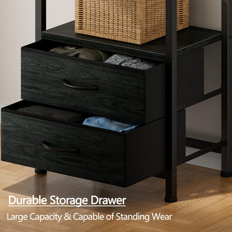 Furnulem 5-Tier Corner Shelf, Narrow Bookshelf with 2 Storage Drawers, 65.16" Tall Bookcase, Standing Shelf Organizer Unit for Living Room, Bedroom, Metal Frame, Wood Display Shelf(Black Oak) Furnulem