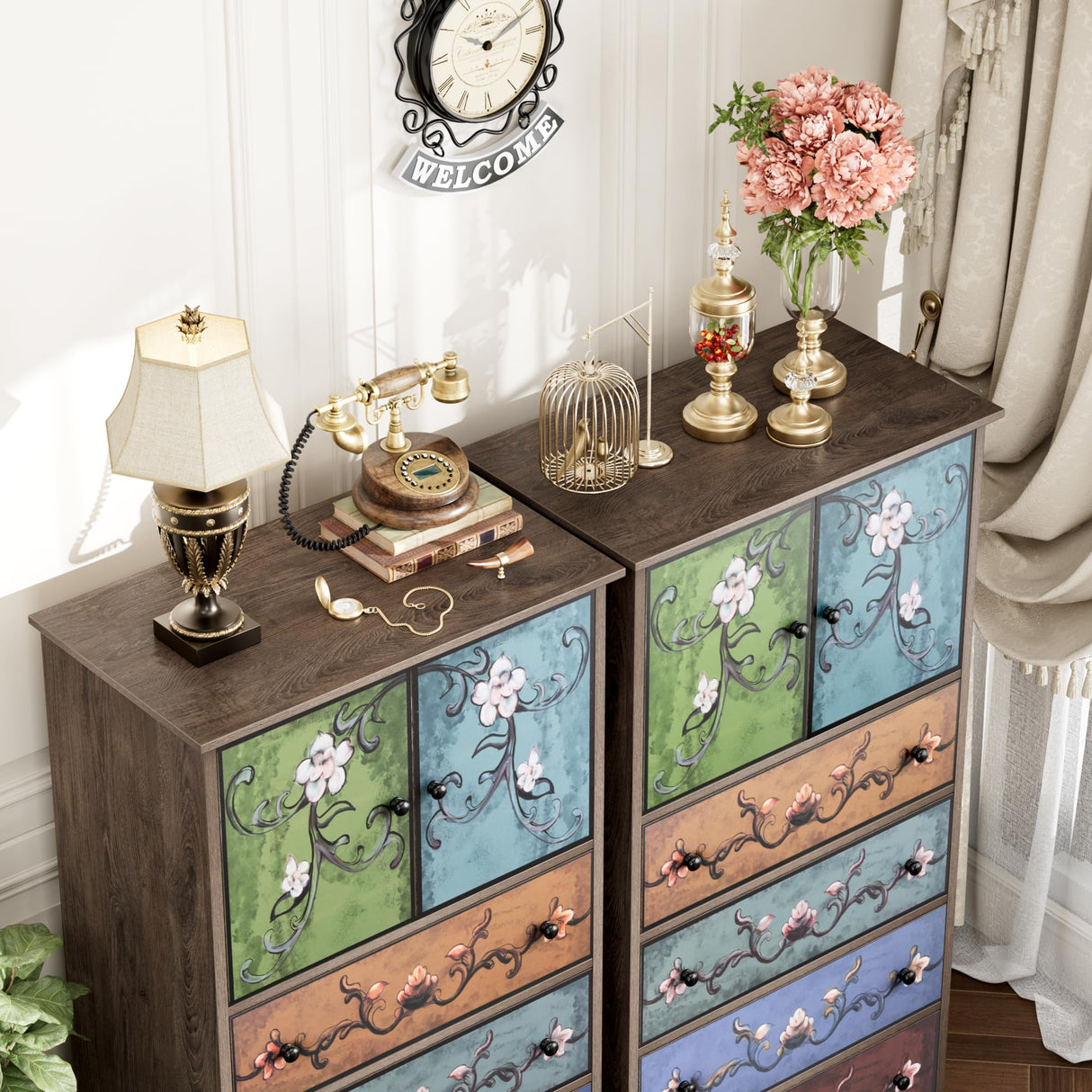 finetones 50’’ Tall Dresser, Boho Dresser Vintage Dresser with 4 Drawers and 2 Doors, Wood Dresser Chests of Drawers for Home, 16.1D x 23.6W x 50H Inch finetones