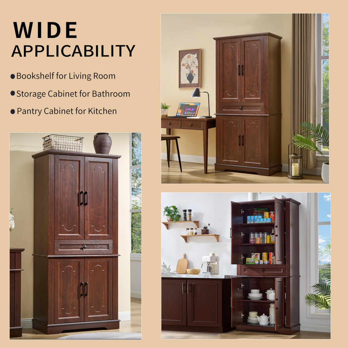 71" Tall Pantry Cabinet with Drawer and Adjustable Shelves, Modern Storage Cabinet with Doors, Kitchen Buffet Cabinet, Food Pantry Storage Cabinet, Coffee Bar, Living Room and Dining Room Cherry LIDYUK