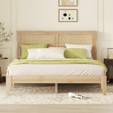 KEIKI Queen Size Rubber Wooden, Solid Wooden Bed with Rattan Headboard, Enhanced by Support Feet KEIKI