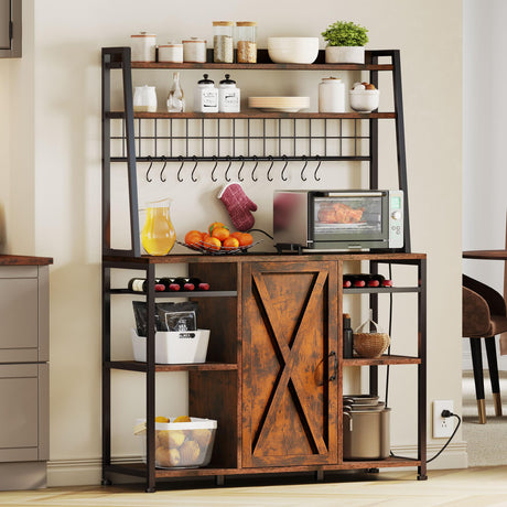 DWVO Bakers Rack Microwave Stand Cabinet with Large Storage Drawer and Power Outlet, 47 Inches Farmhouse Kitchen Tall Thickened Coffee Bar Table with Wine Shelf Rustic Brown DWVO