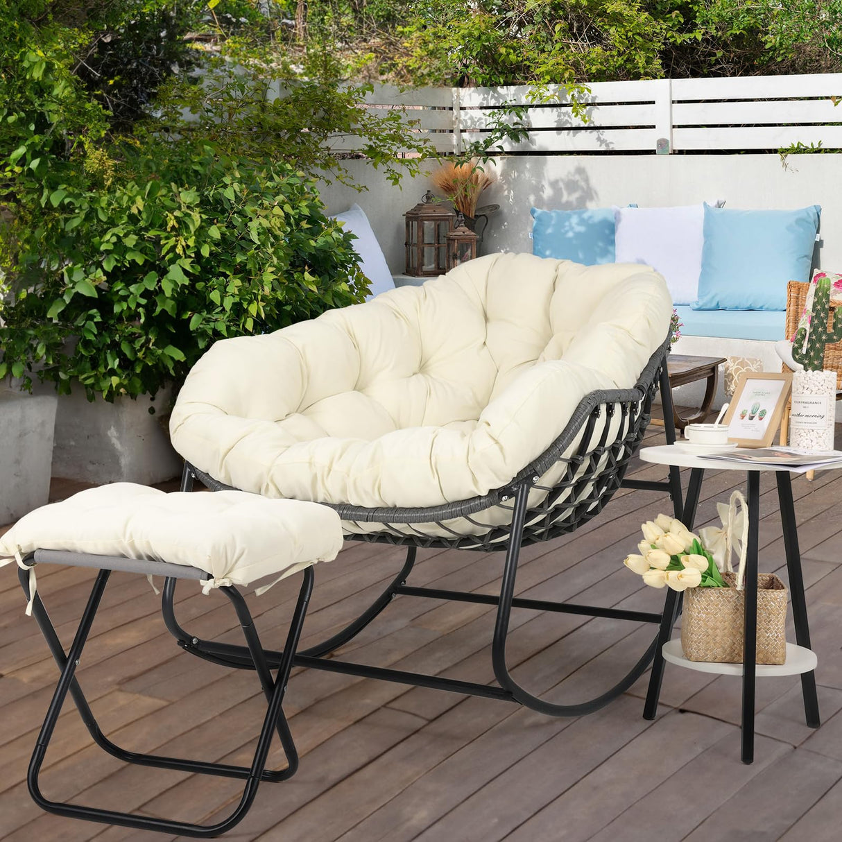 Outdoor Rocking Chair, Oversized Patio Papasan Rocking Chair with Cushion, Ottomans, Side Table, Large Egg Royal Rocking Lounge Chairs for Patio Porch Garden Backyard, Grey (Three Piece Set) LISRUX