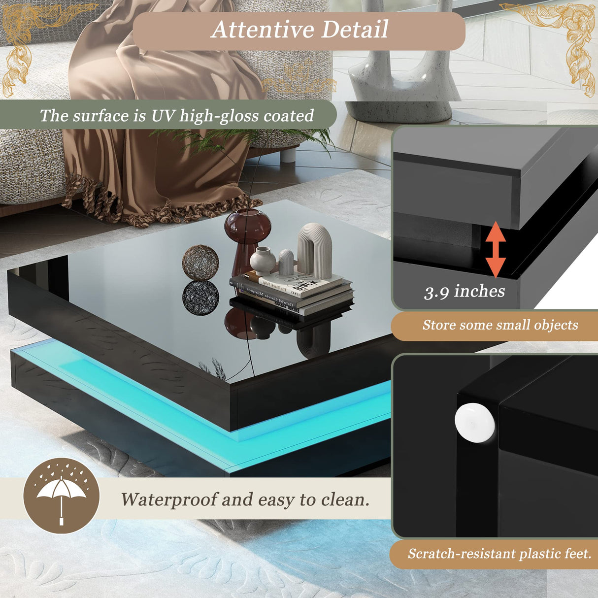 High Gloss Minimalist Design with Plug-in 16-Color LED Lights, 2-Tier Square Coffee Table, Center Table for Living Room, 31.5x31.5x14.2'',Black Harper & Bright Designs