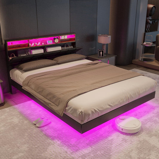 Muluflower Queen Floating Bed Frame with Storage Headboard, RGB LED Lights & USB Charging Station - WoodArtSupply