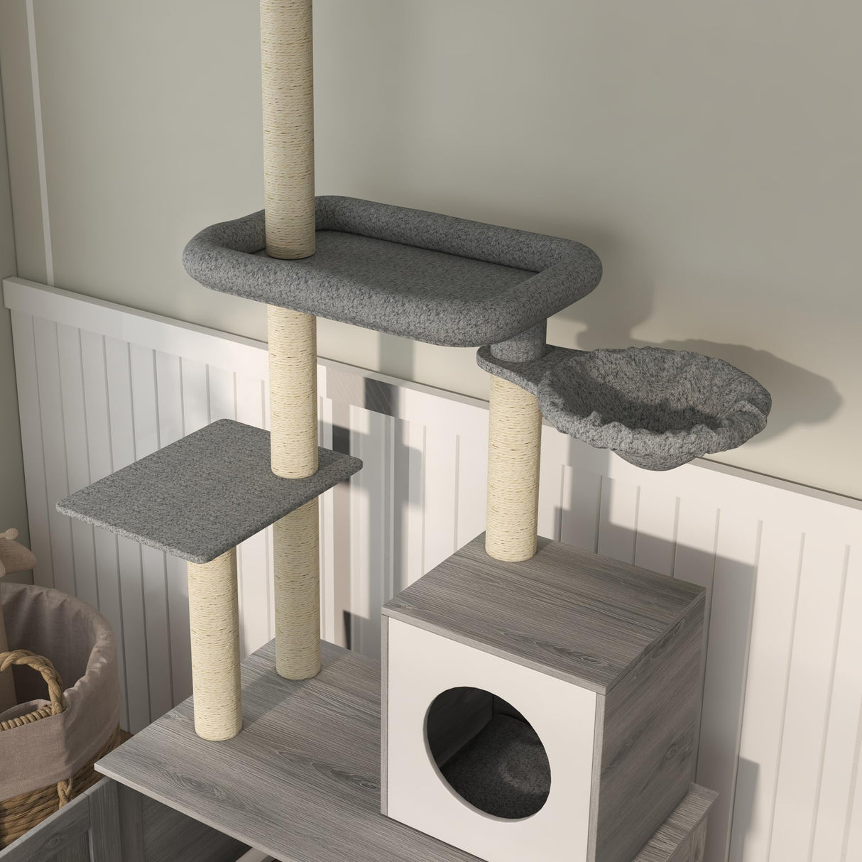 PawHut Cat Tree with Litter Box Enclosure, 2 in 1 Floor to Ceiling Cat Tower Litter Box Furniture with Condo, Bed, Hammock, Scratching Posts, and Platforms for Indoor Use, Gray PawHut