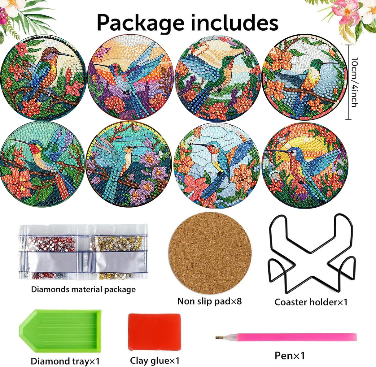 mrpwnle 8 PCS Diamond Painting Art Coaster Set with Holder Diamond Art Coasters DIY Hummingbird Diamond Painting Coasters Kit for Adults Beginners Bird Diamond Art Coasters Crafts Supplies mrpwnle
