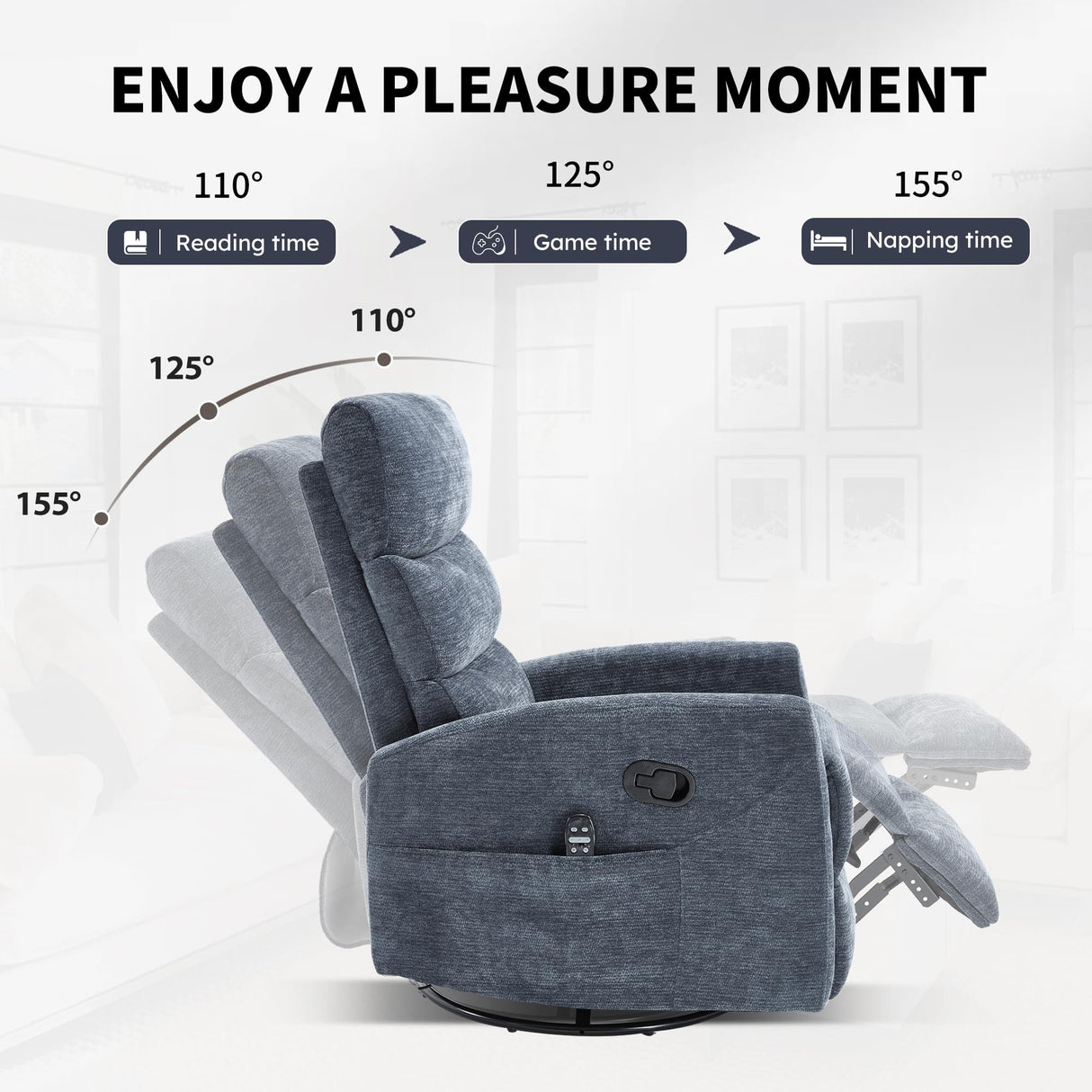 Trustyue Swivel Rocker Recliner Chair, 360° Swivel Recliner with Heat and Massage, Rocker Recliner Upholstered Fabric Nursery Glider Recliner Chair with Side Pockets for Living Room Blue Trustyue