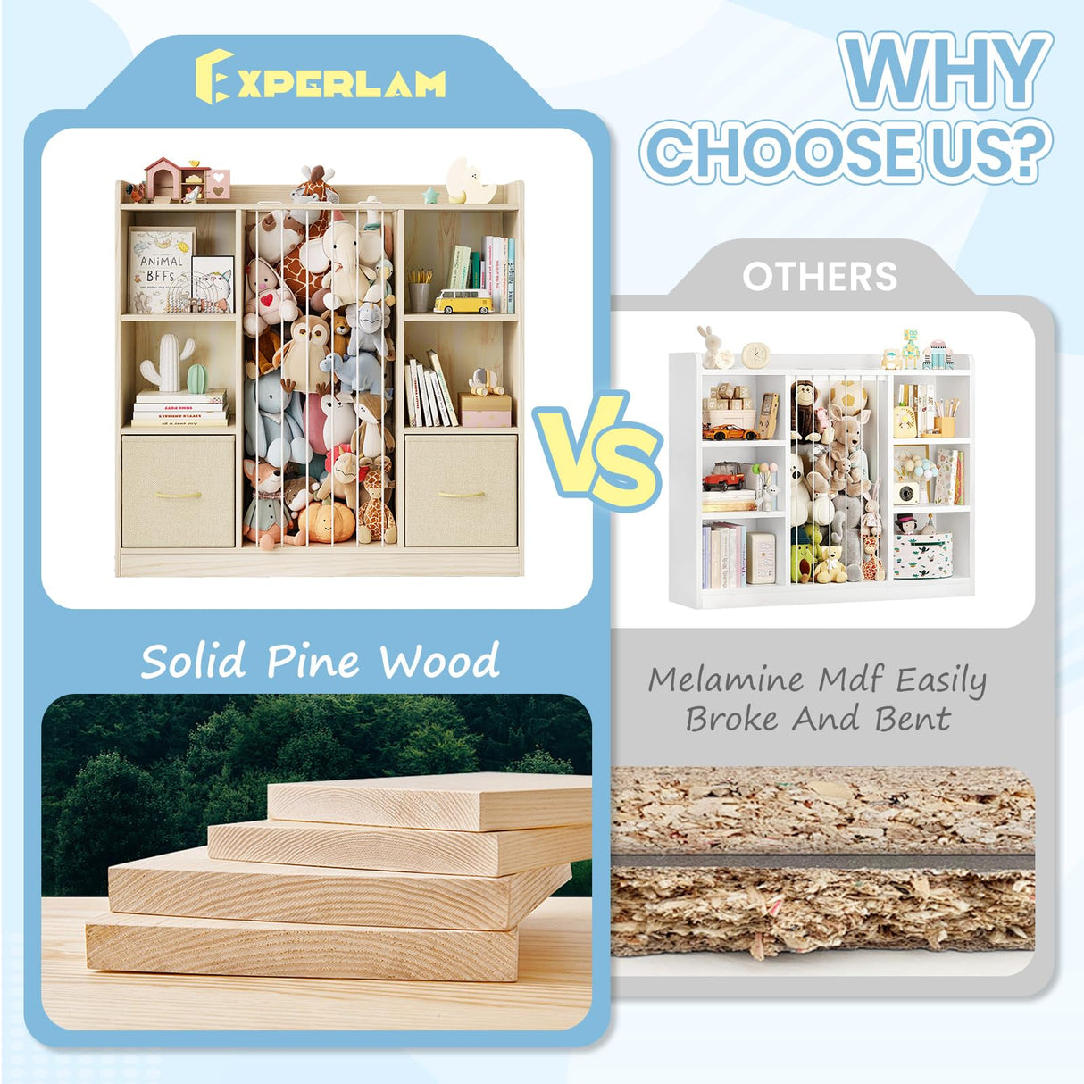 EXPERLAM Toy Storage Organizer with Stuffed Animal Storage, Wooden Toy Organizer & Stuffed Animal Zoo, 6 Cubes Shelf with Removable Drawers, 4 -in-1 Book Shelf for Kids Room, Playroom, Nursery EXPERLAM