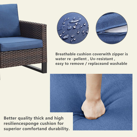 Rilyson Patio Furniture Swivel Chiars Set - 6 Piece Wicker Outdoor Patio Conversation Set with Rattan Rocking Glider Chair,Ottoman Sofa and Coffee Table for Porch Deck Garden(Brown/Blue) Rilyson
