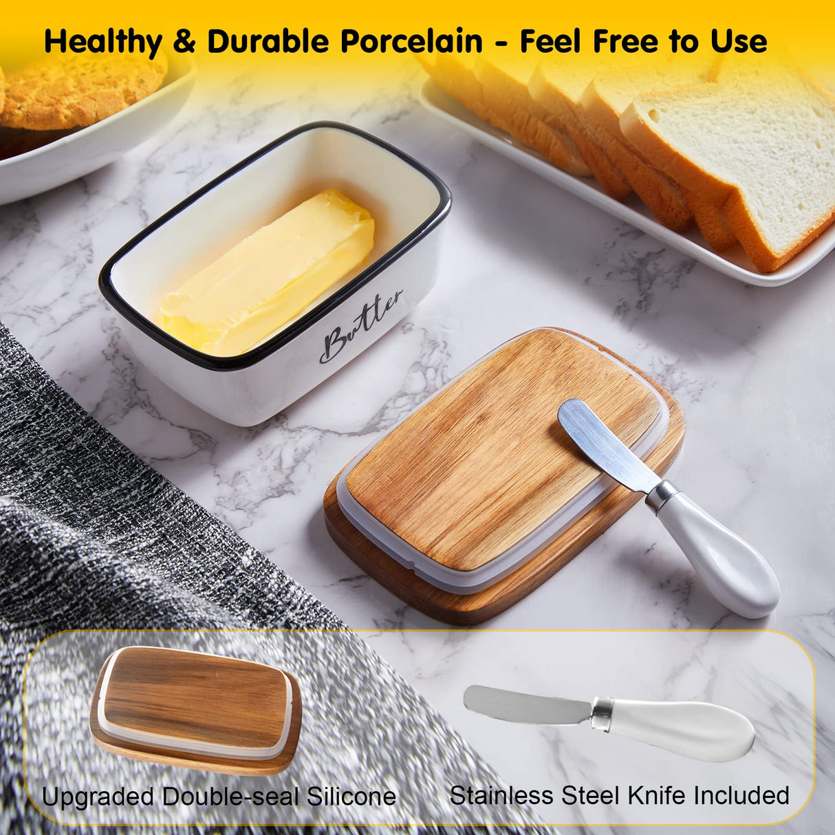 Butter Dish with Lid and Knife for Countertop, Airtight Butter Keeper for Counter or Fridge, Ceramic Butter Container with Thick Acacia Wood Lid, for Farmhouse Kitchen Decor and Accessories, White ALELION