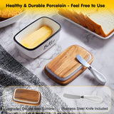 Butter Dish with Lid and Knife for Countertop, Airtight Butter Keeper for Counter or Fridge, Ceramic Butter Container with Thick Acacia Wood Lid, for Farmhouse Kitchen Decor and Accessories, White ALELION