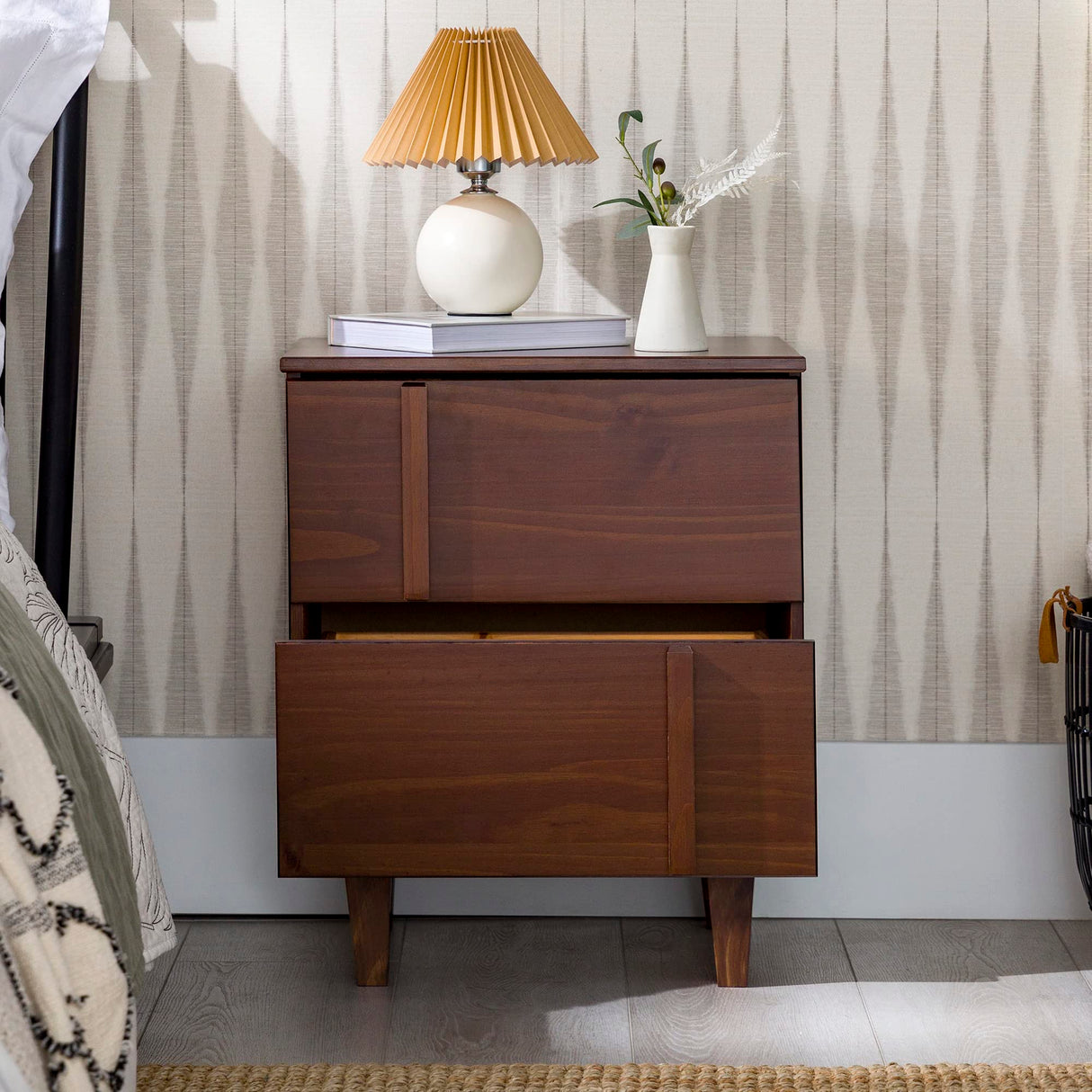 Walker Edison Sprague Contemporary Detailed Drawer Solid Wood Nightstand, 20 Inch, Walnut Walker Edison