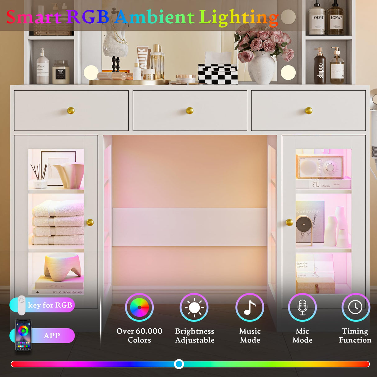 Wodeer Makeup Vanity Desk with Mirror and Lights, White Vanity with Glass Top, LED Lights & Power Outlet, 3 Drawers & 2 RGB Glass Cabinets, Adjustable Lighted Dressing Table for Women & Girls Bedroom Wodeer