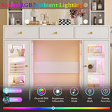 Wodeer Makeup Vanity Desk with Mirror and Lights, White Vanity with Glass Top, LED Lights & Power Outlet, 3 Drawers & 2 RGB Glass Cabinets, Adjustable Lighted Dressing Table for Women & Girls Bedroom Wodeer