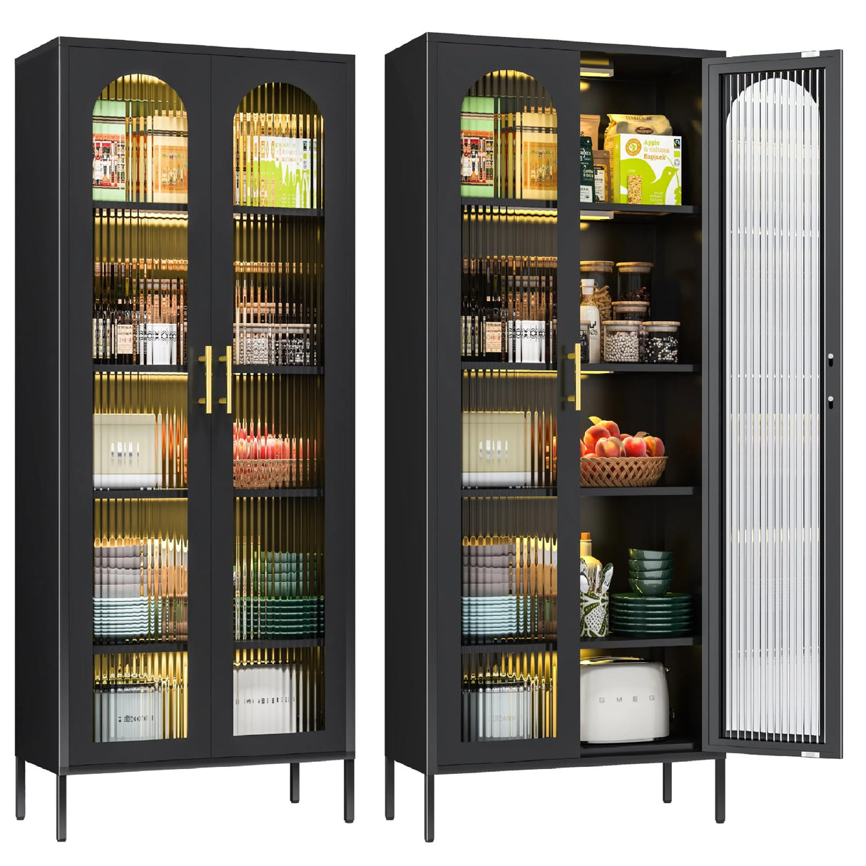 YILFANA 71” Tall Glass Cabinet, Display Case with Glass Doors and Lights, Metal Storage Cabinets, Hutch Cabinet with Adjustable Shelves, Storage Cabinets for Dining Room, Living Room,Kitchen, Black YILFANA