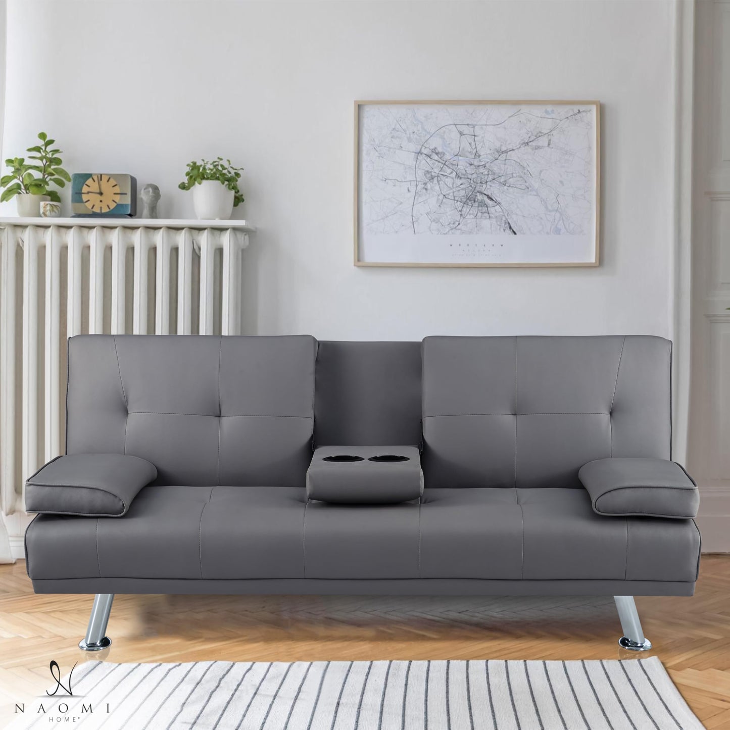 Naomi Home Transform Your Living Space with Comfort Gray Futon Sofa Bed with Armrest, Cupholders, & Reclining Function, Ideal for Cozy Living Rooms! Sofa Bed Couch with Metal Legs, Faux Leather