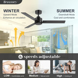 Breezary 48 inch Industrial Ceiling Fans without Lights Remote Control, 6-Speed, Reversible DC Motor, 3 Blades, Modern Indoor/Outdoor Ceiling Fan No Light for Patio Home Office, Black Breezary