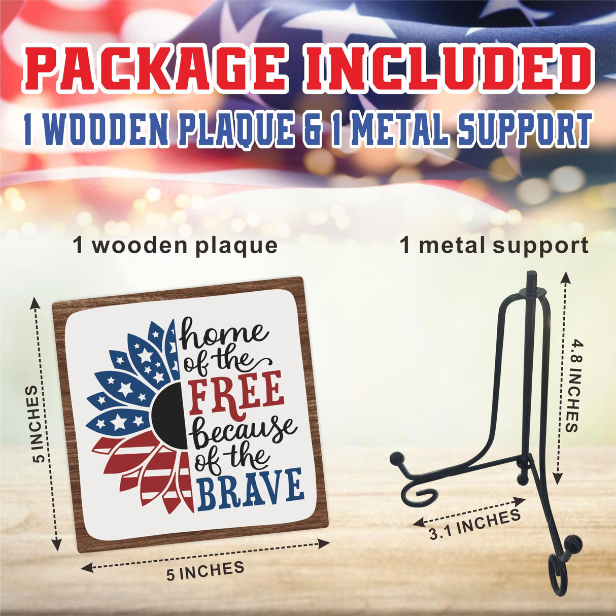 July 4th Petals Wood Plaque With Iron Stand - Home Of The Free Because Of The Brave - 4"x4" Wooden Block Sign, Patriotic Desk Signs, Shelf & Tabletop Decorations, America Memorial Day Supplies - E06 Cudwid