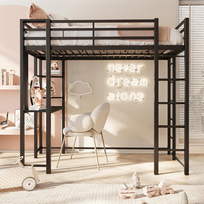 SUNLEI Loft Bed Full Size with Desk and Safety Guard Rail, Full Size Metal Bed Frame with Double Layer Shelves for Storage, No Box Spring Needed and 2 Security Ladders, Black