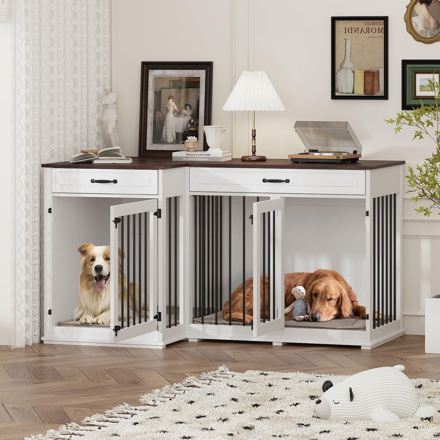 DAWNSPACES Large Corner Dog Crate Furniture for 2 Dogs, 59" Indoor Wooden Furniture Style Dog Kennel House with Double Rooms, Drawers & Removable Divider for Large & Medium Dogs, White