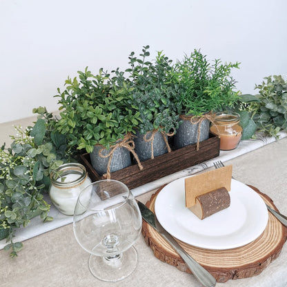 Set of 3 Mini Potted Plants Arrangement Faux Boxwood Eucalyptus Rosemary Plants in Rustic Galvanized Metal Pots with Rectangle Wood Box for Farmhouse Table Centerpiece Mantel Kitchen Greenery Decor