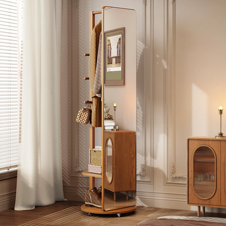 IUNVR Mirror Coat Rack Full Length Mirror with Stand 360° Rotating Wheels Wood Floor Mirror Full Body Mirror Storage Stylish Solid Wood Espejos for Bedroom Living Room Dressing Room,etc(Walnut) IUNVR