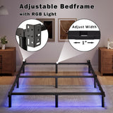 SHOANED Queen Size Bed Frame with LED, 7 Inch Metal Steel Bedframe for Box Spring and Mattress, Heavy Duty Basics Bed Base, Noise Free, Easy Assembly, Black, Adjustable SHOANED