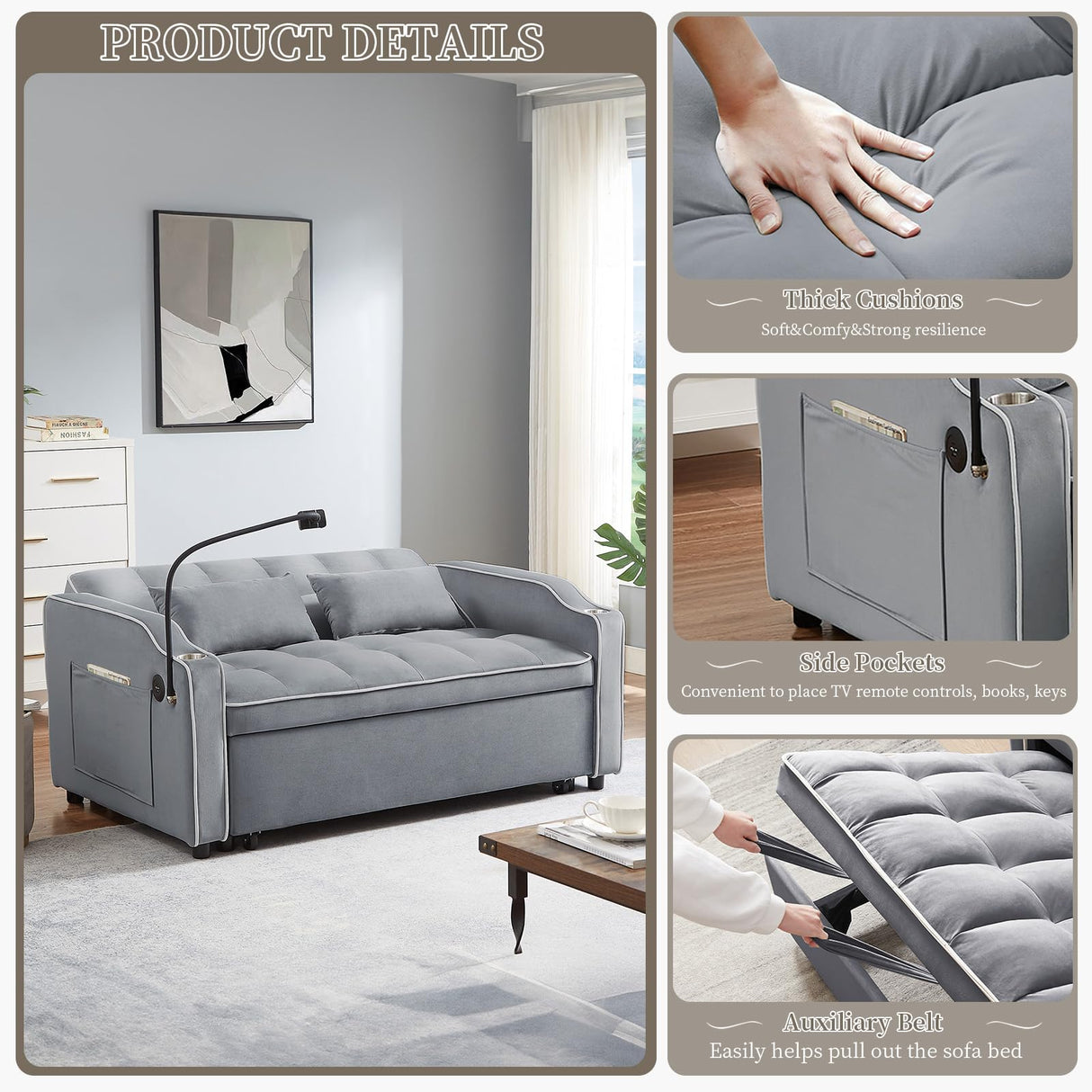 JEEOEHY 3 in 1 Convertible Sleeper Sofa Bed,Velvet Pull Out Couch Bed w USB&Type C Port,Comfy Futon Loveseat w Adjustable Backrest&Phone Stand&Cup Holder for Living Room Apartment Small Space(Grey) JEEOHEY