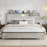 PAUKIN King Size Bed Frame with Headboard, Rustic Farmhouse Wood Bed Frame with LED Lights and Charging Station, Easy Assembly, No Box Spring Needed (White, King) PAUKIN