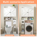 MUUEGM Over The Toilet Storage Cabinet with Barn Doors, White Bathroom Organizer, Farmhouse Tall Bathroom Storage Cabinet with Toilet Paper Holder, Above Toilet Shelf for Restroom, Laundry MUUEGM