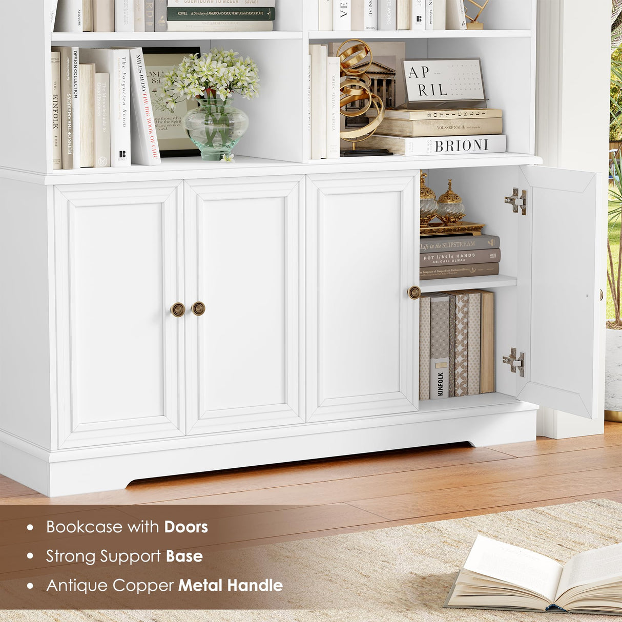 FINETONES 73" Tall Bookshelf with Doors, 6-Tier White Bookshelf Double Wide Bookcases and Bookshelves with Storage, Tall Book Shelf Large Bookcase Standing Book Cabinet for Home Office FINETONES