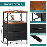Nouva Nightstands Set of 2 with Charging Station, End Table Side Table Night Stand Bedside Table Furniture w/ 4 Fabric Drawers, USB Ports & Outlets,Metal Frame for Bedroom,Rustic Brown Nouva