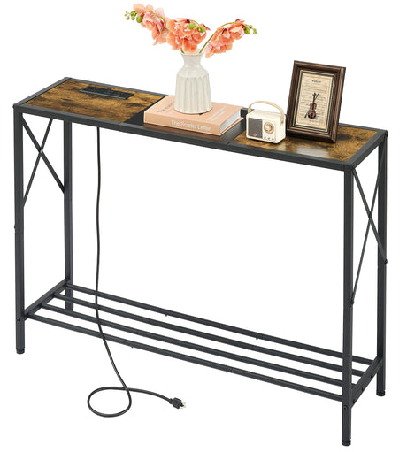 Tajsoon Console Table with Charging Station, 41.8" Entryway Table with Shelves, 2-Tier Narrow Sofa Table, Long Behind Couch Table, for Entryway, Foyer, Living Room, Hallway, Brown & Black Tajsoon