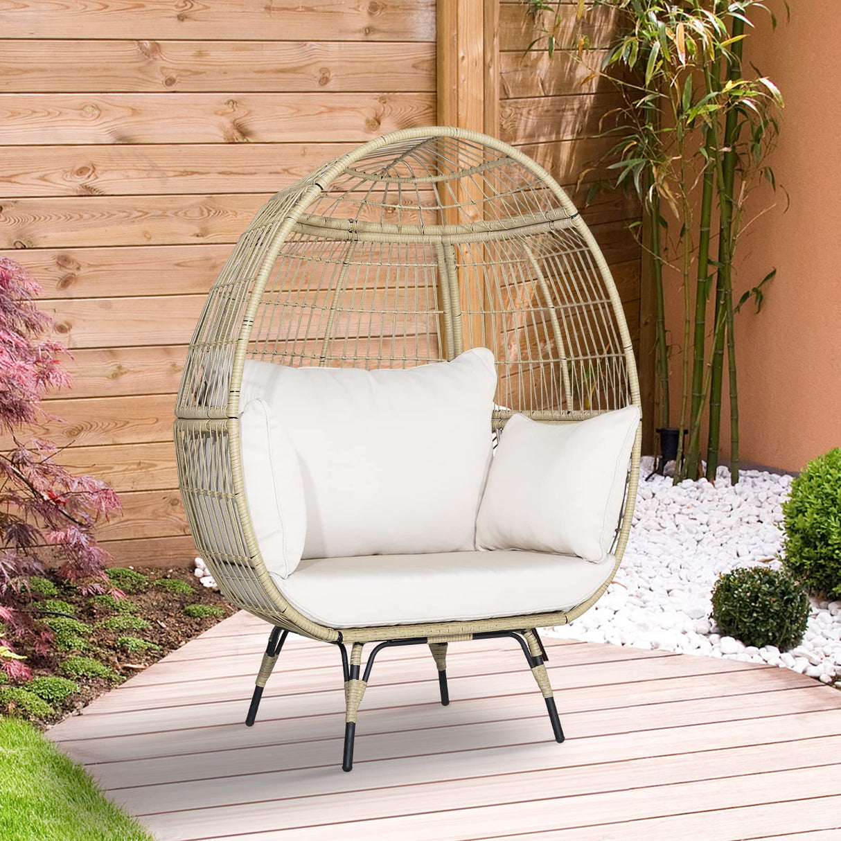 Tangkula PE Wicker Egg Chair, Patiojoy Oversized Indoor Outdoor Patio Lounge Chair with Cushions and Pillows, Steel Frame Basket Chair for Garden, Deck, Balcony, Living Room (Light Brown) Tangkula