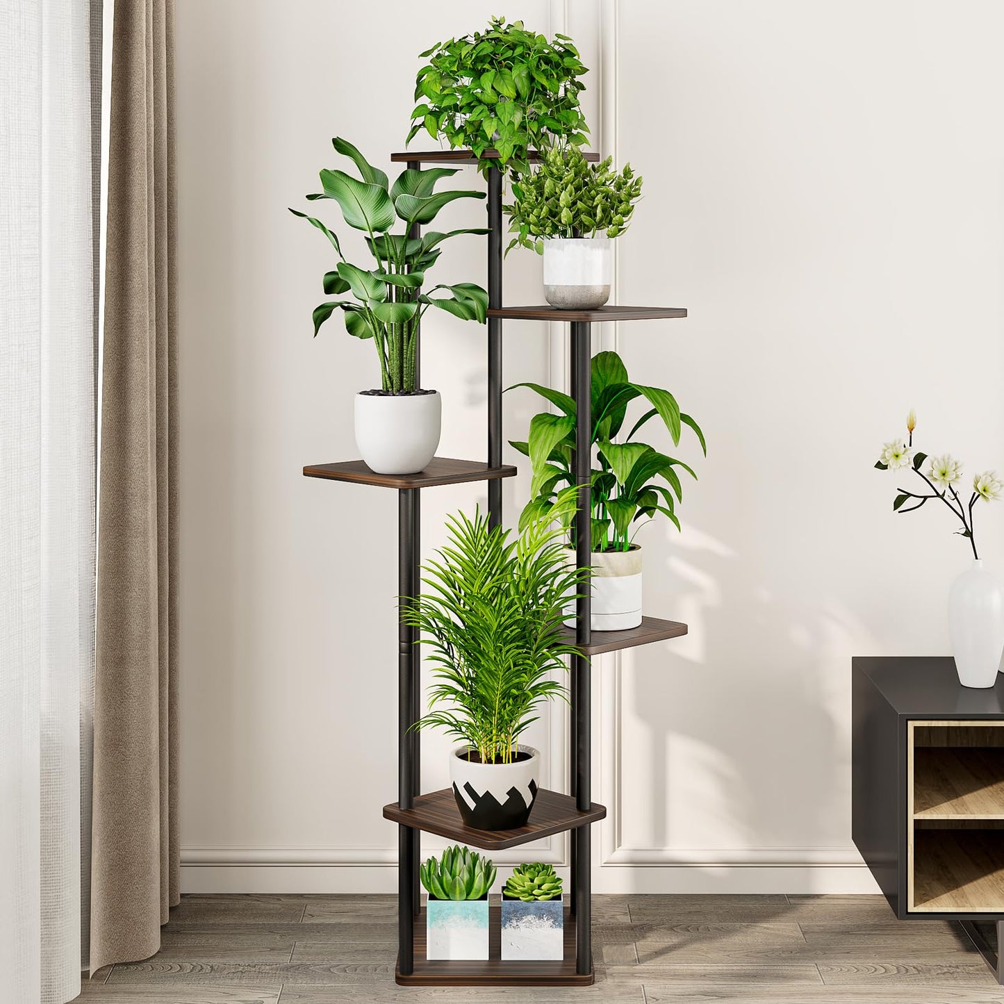 AZERPIAN Plant Stand 6 Tier Indoor Metal Flower Shelf for Multiple Plants Corner Tall Flower Holders for Patio Garden Living Room Balcony Bedroom, Black Oak - WoodArtSupply