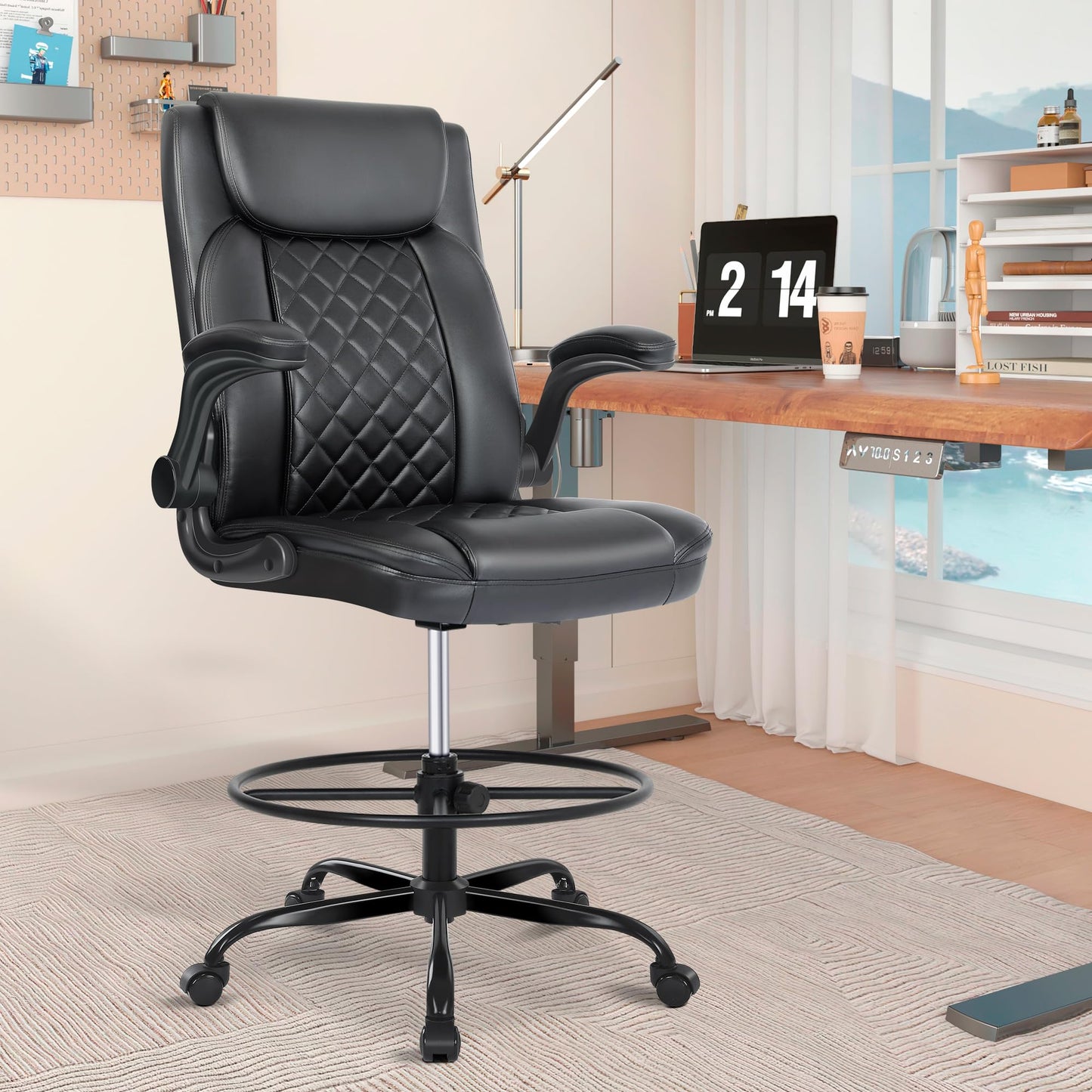 Misolant Drafting Chair, Tall Office Chair for Standing Desk, Standing Desk Chair with Adjustable Height and Flip-up Arm, Leather Drafting Chair, High Office Chair for Counter Height Desk