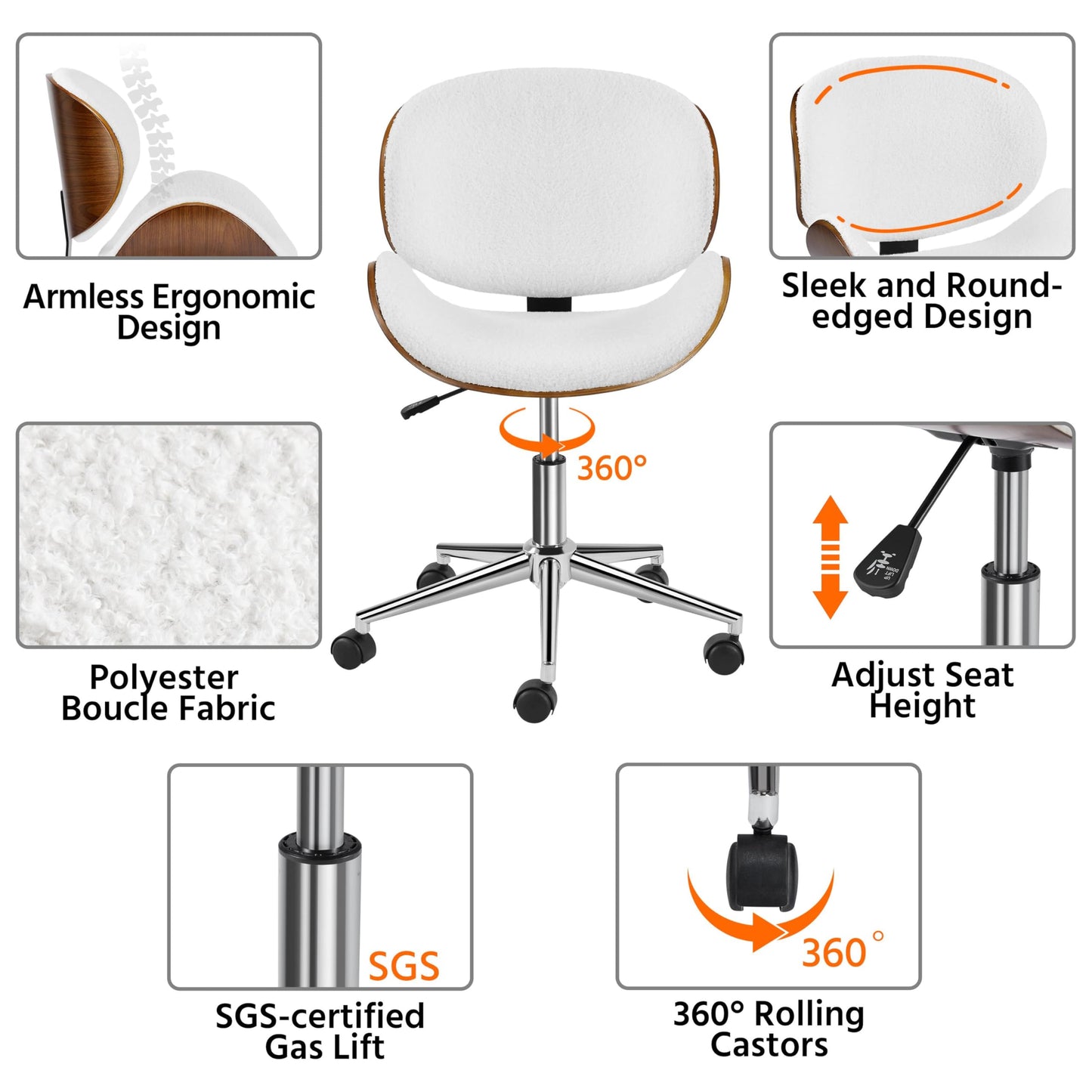 Yaheetech Ergonomic Desk Chair Armless Office Chair Mid-Century Bentwood Seat Computer Chair Boucle Fabric Swivel Chair Height Adjustable for Bar Meeting Room Hotel, White