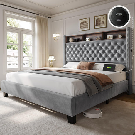 YITAHOME King Size Bed Frame with 58" Tall Headboard, Storage Headboard Bed with USB Charging Stations, Type-C Port, Velvet Upholstered Beds with Deep Button Tufted, No Box Spring Needed, Grey YITAHOME