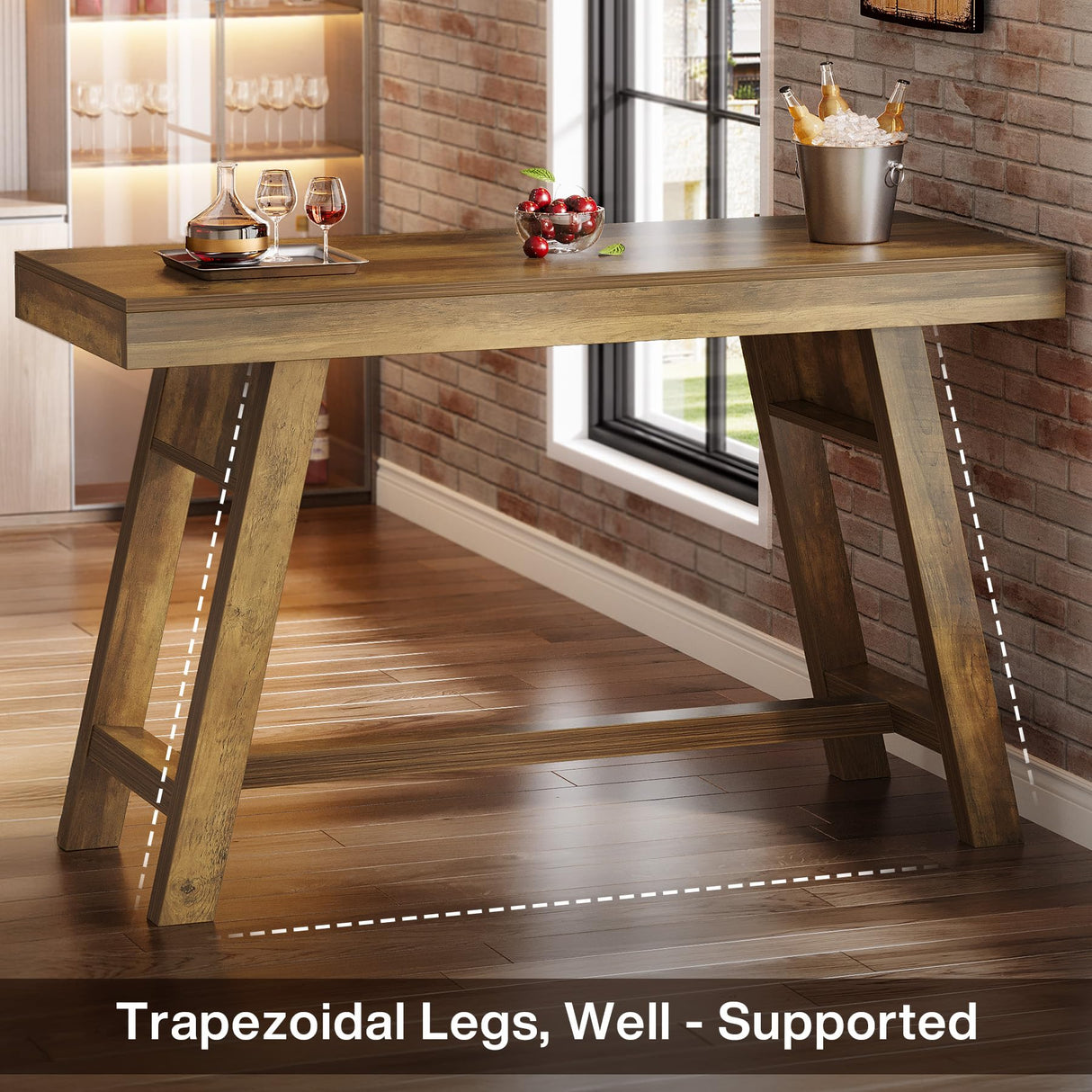 Tribesigns 55.12-Inch Bar Table, Rectangular Home Bar Unit with Stable Trestle Legs, Modern Vintage Counter Height Pub Table for Home Kitchen, Living Room, Balcony, Basement, Rustic Brown Tribesigns