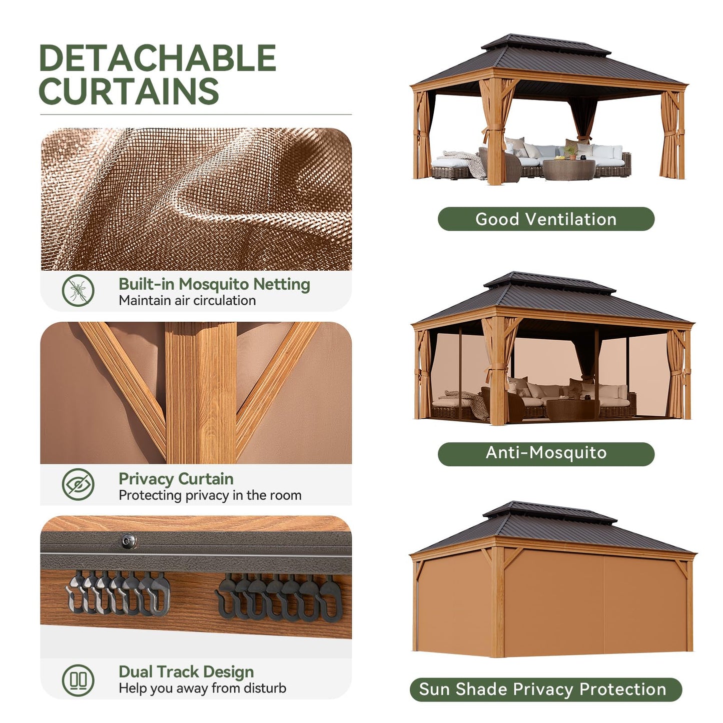 Aoxun 12' x 16' Hardtop Gazebo, Wooden Finish Coated Aluminum Frame Canopy, Galvanized Steel Double Top, Outdoor Permanent Metal Pavilion with Curtains and Netting, for Backyard, Patio and De - WoodArtSupply