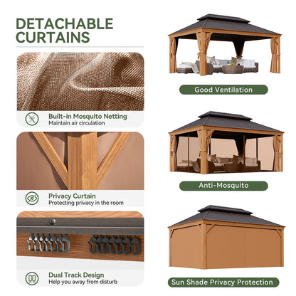 Aoxun 12' x 16' Hardtop Gazebo, Wooden Finish Coated Aluminum Frame Canopy, Galvanized Steel Double Top, Outdoor Permanent Metal Pavilion with Curtains and Netting, for Backyard, Patio and De - WoodArtSupply