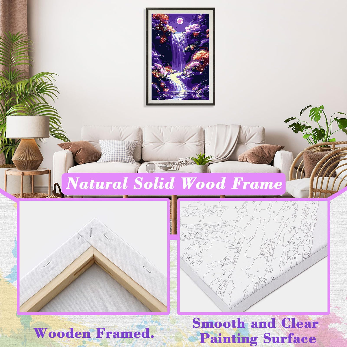 Skyboda Paint by Numbers Kits for Adults Beginners Framed Canvas, Adult Paint by Number Kit, Moon Waterfall Easy Painting by Numbers for Adults Framed Crafts 8x12in Skyboda