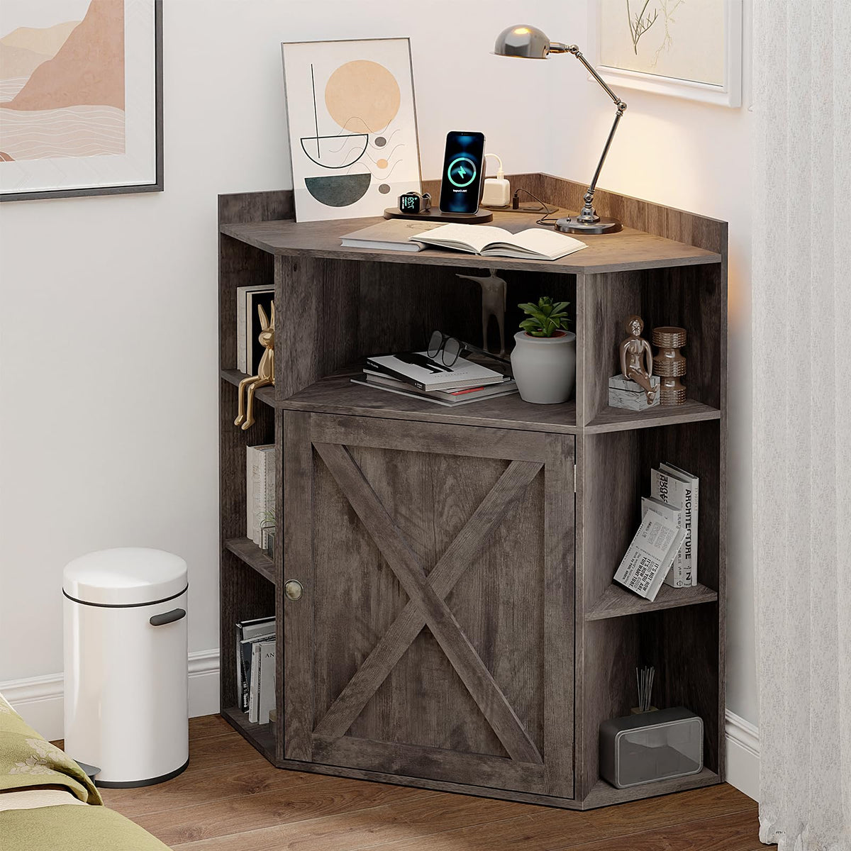 Corner Cabinet, Corner Storage Shelf with USB Ports and Outlets Indust ...