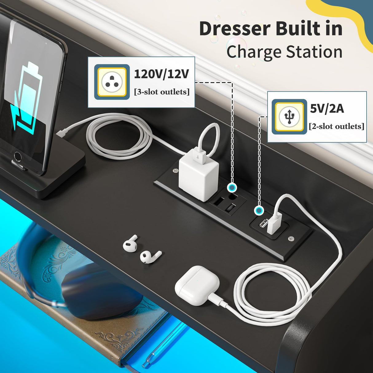 DurayLoly Modern Dresser for Bedroom with LED Light, 9 Drawer Black Dresser with Charging, Wooden Chest of Drawers, Large TV Stand for Bedroom DurayLoly