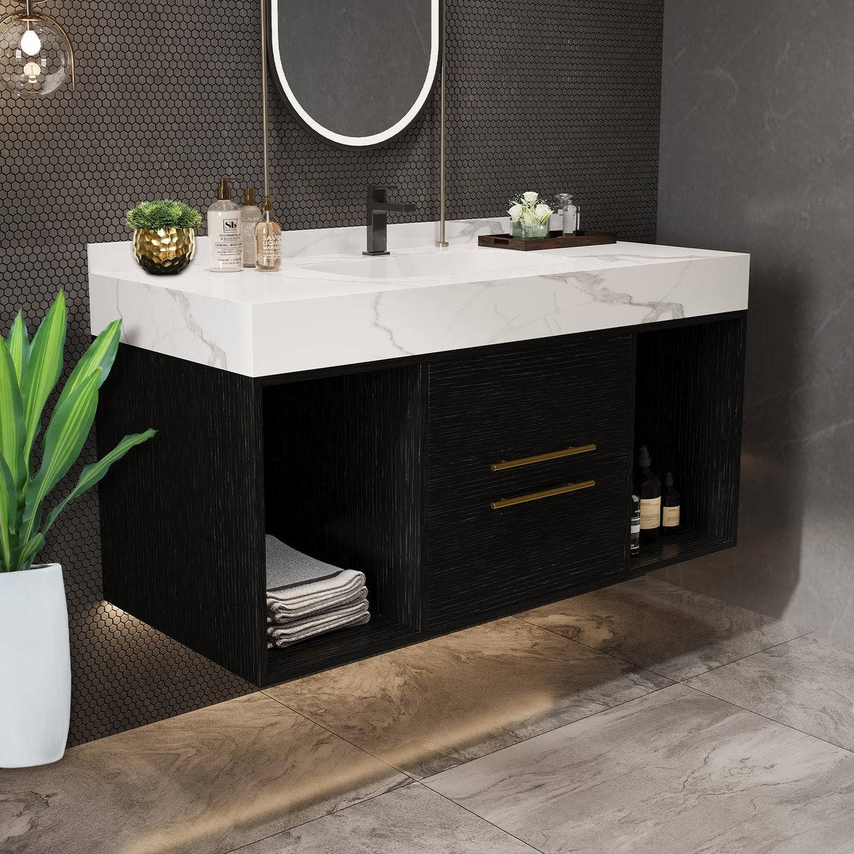 40 Inch Modern Wall Mounted Bathroom Vanity with White Sintered Stone Countertop. Quick Assembly Solid Wood Floating Bathroom Cabinet with 2 Drawers and 2 Storage.Black. Glintee
