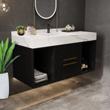 40 Inch Modern Wall Mounted Bathroom Vanity with White Sintered Stone Countertop. Quick Assembly Solid Wood Floating Bathroom Cabinet with 2 Drawers and 2 Storage.Black. Glintee