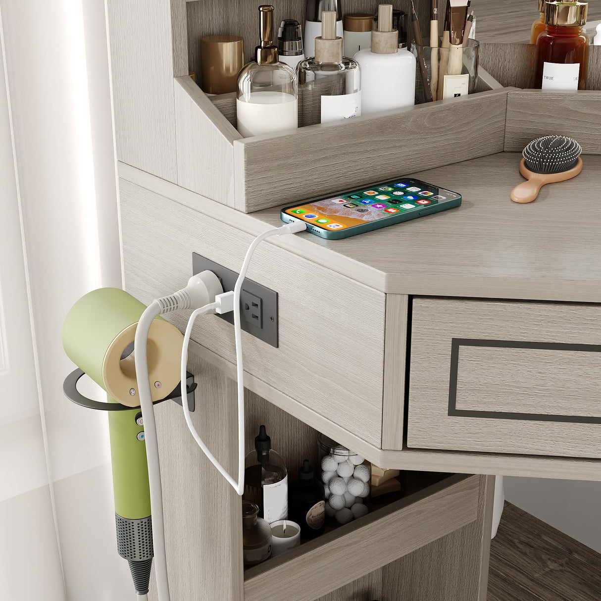 Makeup Vanity Desk, Corner Vanity Desk with HD LED Mirror, Lots Storage Shelves, 2 Drawers & Cabinets, Vanity with Charging Station, 3 Lighting Modes with Adjustable Brightness Maupvit