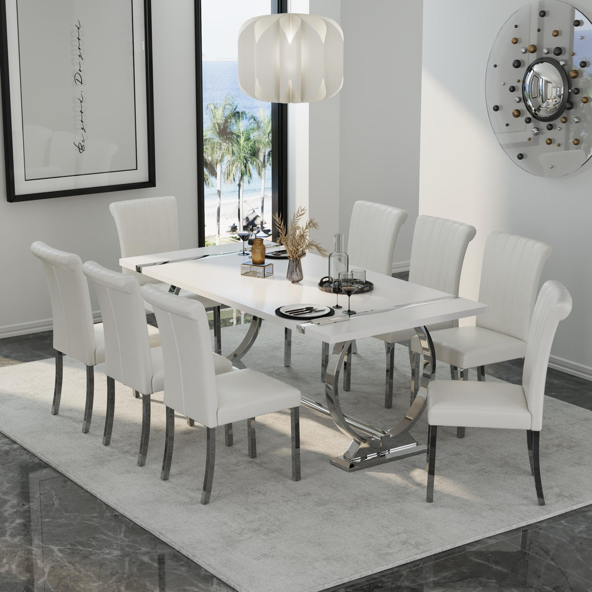 Asday 9 Piece Dining Table Set, Luxury White and Silver Dining Room Table Set with 80 inch Rectangular Dining Table and 8 White Leather Dining Chairs Asday